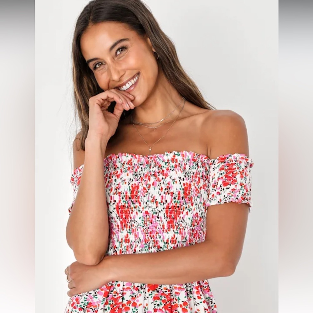 Lulus Off the Shoulder Floral Midi Dress Smocked Bodice - Size M - NWT - Picture 3 of 8
